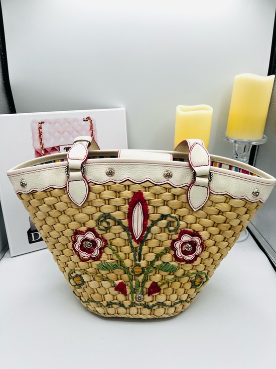 Brighton Handbags - Brighton Straw Tote Floral Embroidery and White Trim